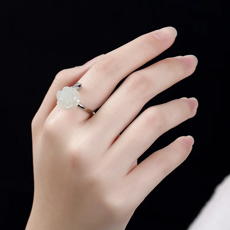 Женское кольцо MIQIAO нефритовое с розой винтажное регулируемое из серебра 925 пробы