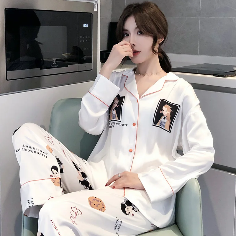 

Summer White Satin Pyjamas Femme Cartoon Pajamas Women Korean Cute Sleepwear 2021 Nightwear PJ Nuisette Ice Silk Pijama Homewear