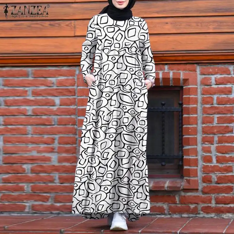 ZANZEA Ретро Женская абайя кафтан халат винтажный принт Макси Сарафан платье в турецком стиле осеннее мусульманское платье с длинным рукавом