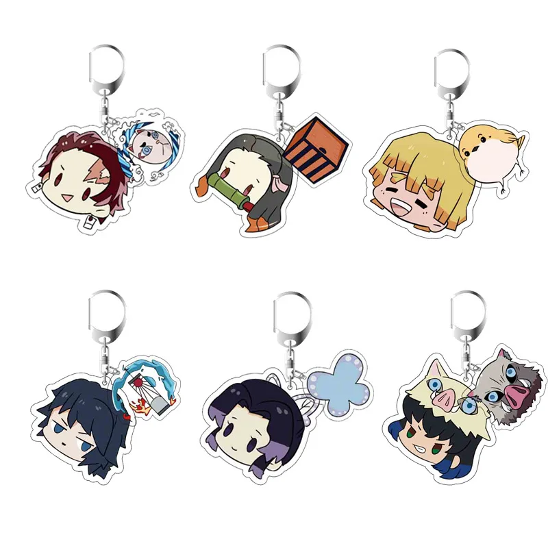 

kawaii Anime Demon Slayer Acrylic Keychain Cute Brinco Blade of Ghost Key Chain Kamado Tanjirou Cosplay Pompom Yaiba Keyring