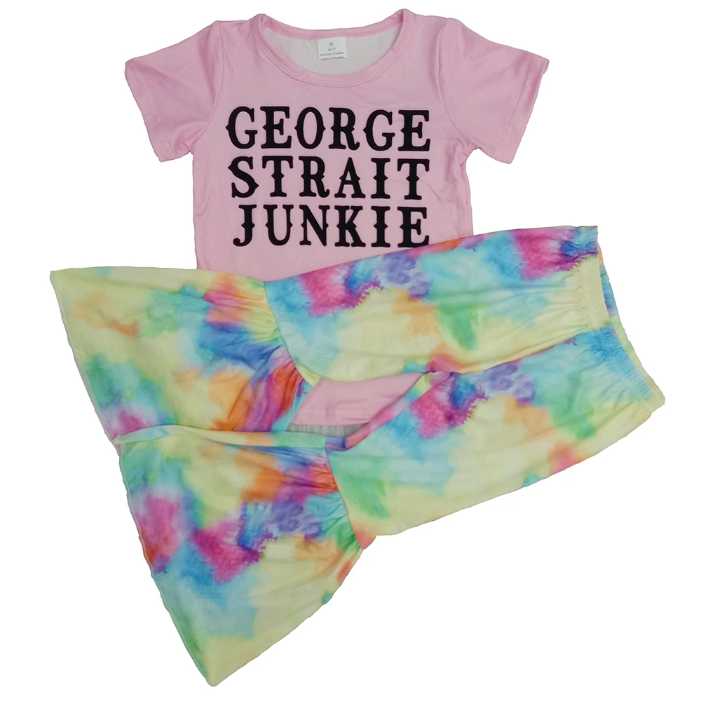 

Hot Sale Boutique Kid Clothes Summer Kids Baby Girls Clothes Pink Short Sleeve Tops + Tie-dye Bell Pants 2pcs Outfits For Baby