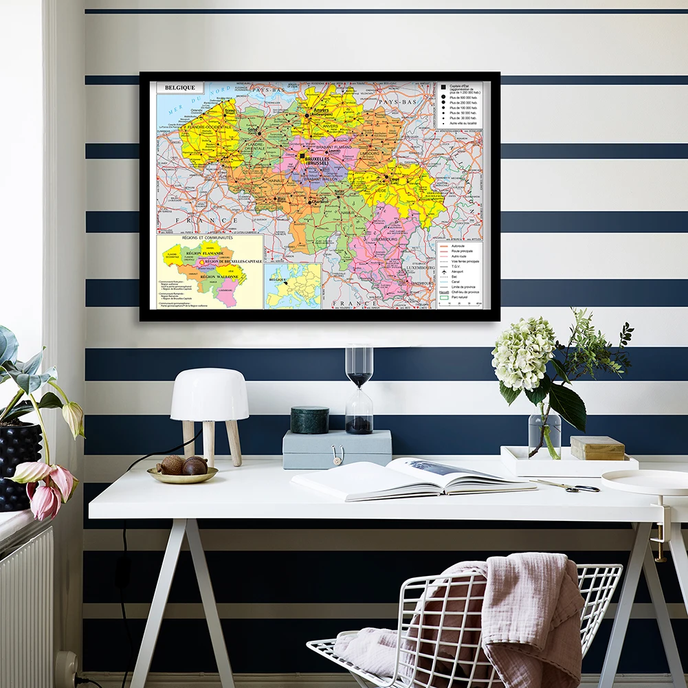 

90*60cm The Belgium Transportation Map with Details In French Wall Art Poster Canvas Painting Home Decoration School Supplies