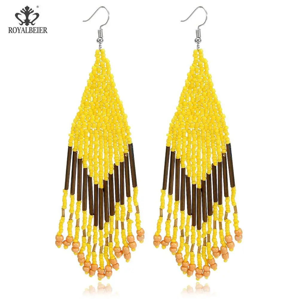 Bohemian earrings10 ROYALBEIER богемные длинные кисточки акриловые перо форма бисера Кулон Серьги Свадебная вечеринка очаровательные ювелирные изделия серьги - Окраска металла: Bohemian earrings10