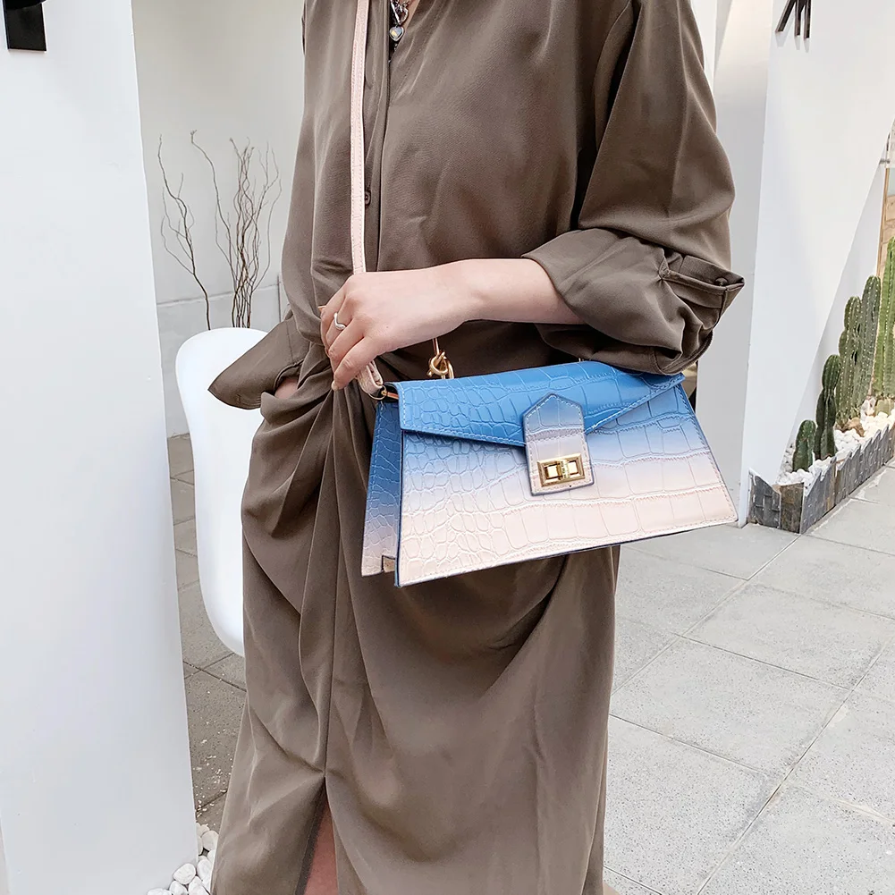 

Fashion Women PU Leather Gradient Color Alligator Pattern Shoulder Crossbody Messenger Bag Ladies Vintage Chain Flap Small Purse
