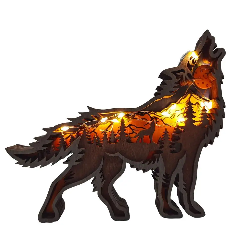 

Wooden Wolf Carved Sculpture With Light Creative Wolf Totem Decorative Ornament Chic Animal Home Ornaments For Bedroom Living
