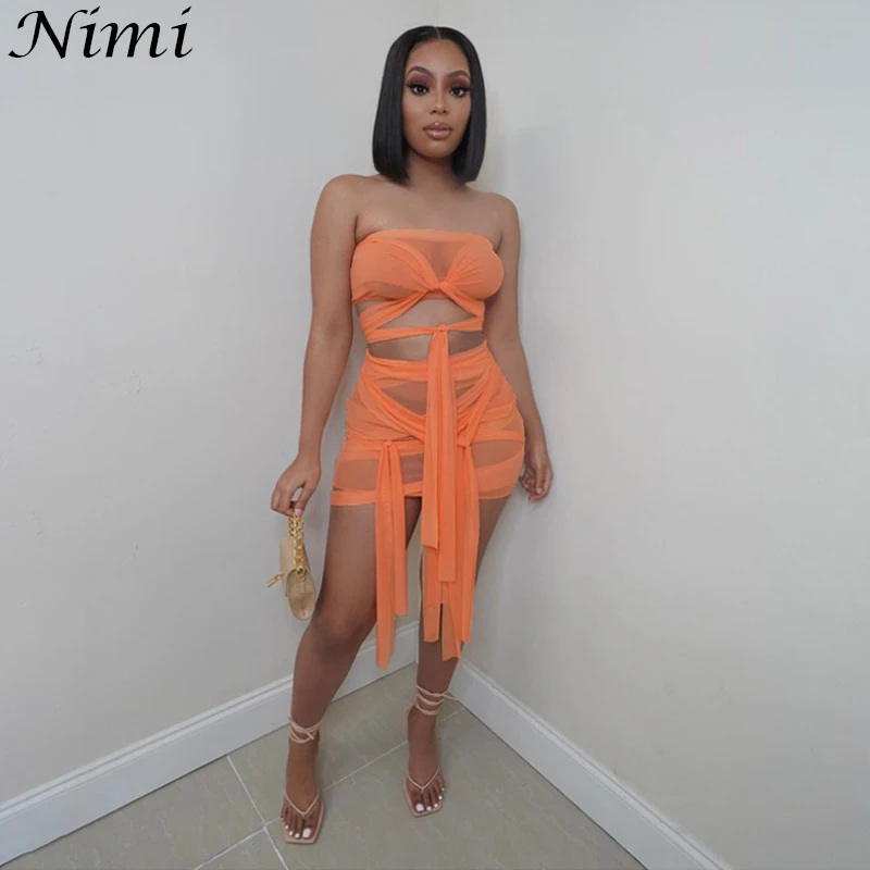 

Gauze Sexy Women Clothing Skirt Suits Backless Summer 2021 Fashion Halter Stitching Lace Perspective White Black Green Orange