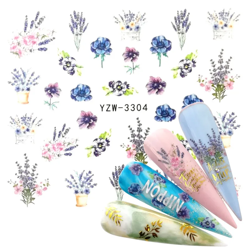 

1PC Nail Flower Series Nail Art Water Transfer Stickers Full Wraps Deer Lavender Nail Tips DIY