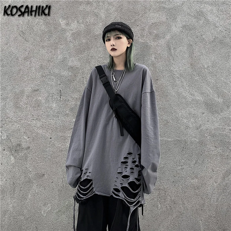 KOSAHIKI Ins Fashion Long Sleeve Basic Solid T-shirt Women Harajuku Punk Tshirts Y2k Ripped Tops Grunge Aesthetic Tee Shirt 2022 | Женская