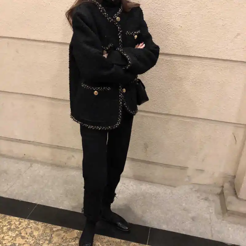 Корейская женская черная твидовая куртка пальто верхняя одежда стиль канала