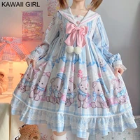 japanese bear lolita dress women new navy collar long sleeve pink blue sweet cute bow female dresses kawaii girl lolita clothing