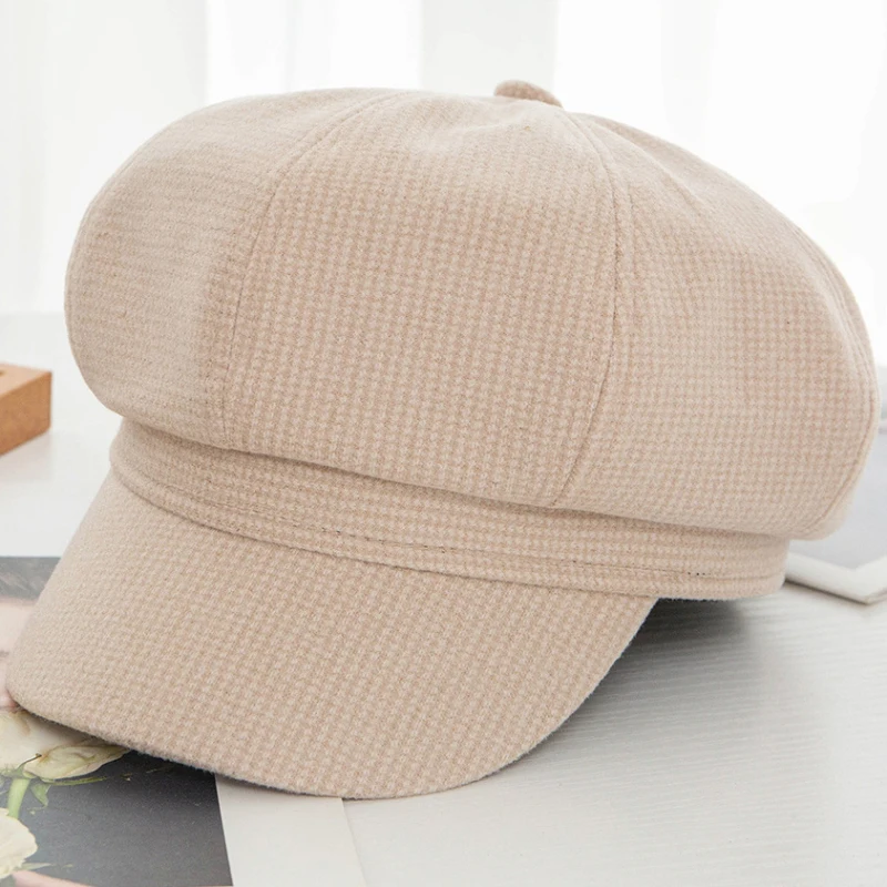 

HT2602 Wool Hat Vintage Plaid Octagonal Newsboy Cap Autumn Winter Hat for Women Warm Thick Women Berets Artist Painter Beret Hat