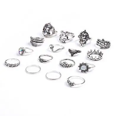 16pcs/Set Bohemia Heart Flower Rings for Women Rhinestone Carved Knuckle Midi Antique Silver Jewelry кольцо | Украшения и