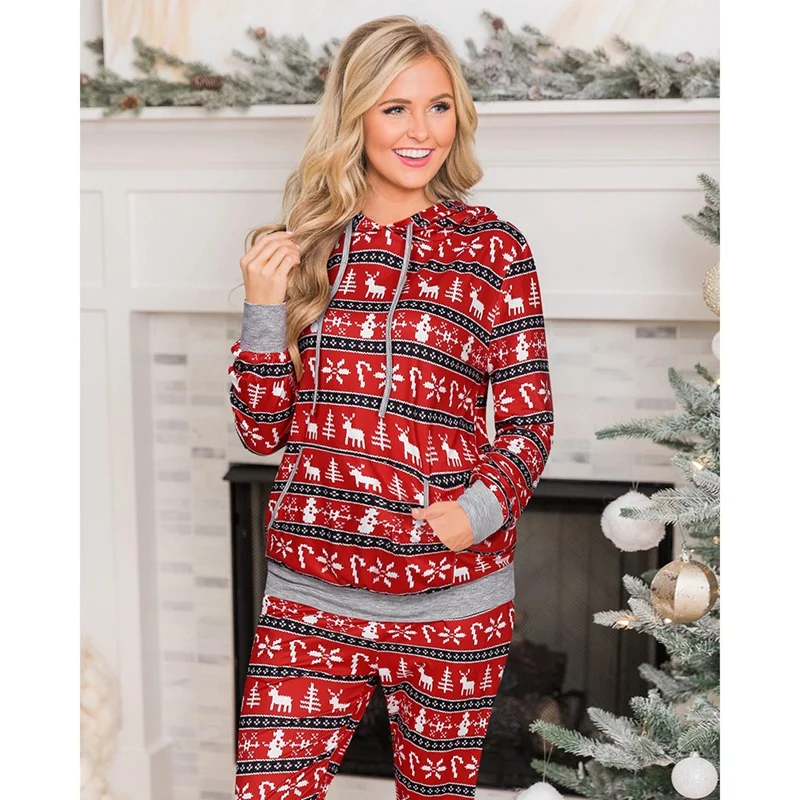 

Christmas Plaid Print Hooded 2 Pieces Set Women Casual Drawstring Pocket Hoodies Pencil Pants Home Sets