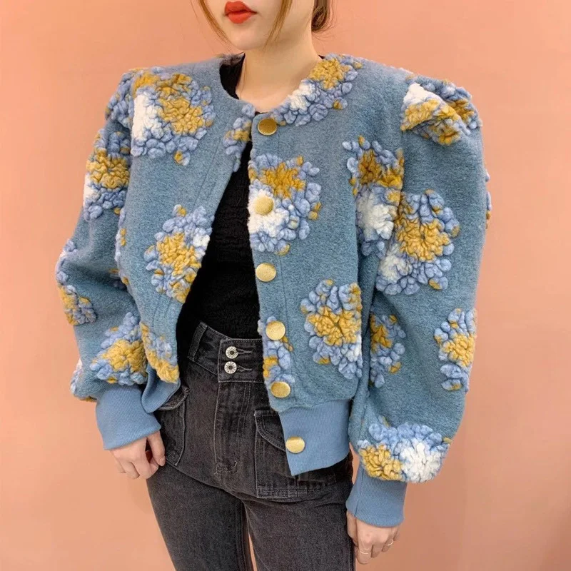 

Vintage Flower Woman Jacket Woolen Cardigan Embroidery Bomber Jackets Korean Long Sleeve Crop Puffer Jacket Women Coats