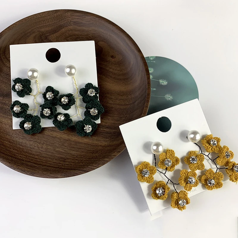 2019 осень и зима новый корейский стиль длинный шерстяной цветок с жемчугом