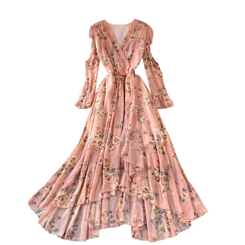 

Spring Autumn New Floral V-neck Retro High Waist Maxi Dress Women Long-sleeved Strapless Ruffled Irregular Vintage Beach Dress