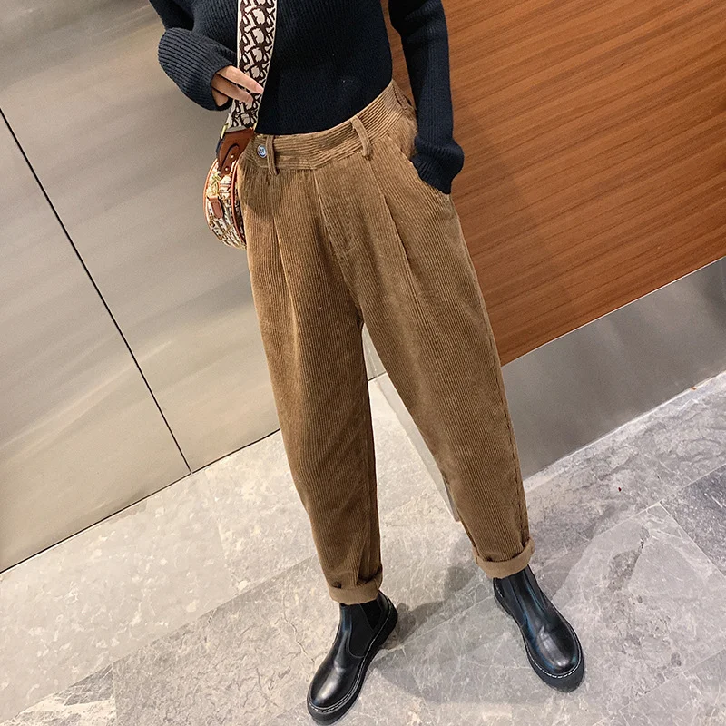 Winter Corduroy Pants Women Autumn High Waist Pockets Trousers Women Plus Size Streetwear Harem Pants Pantalon Femme