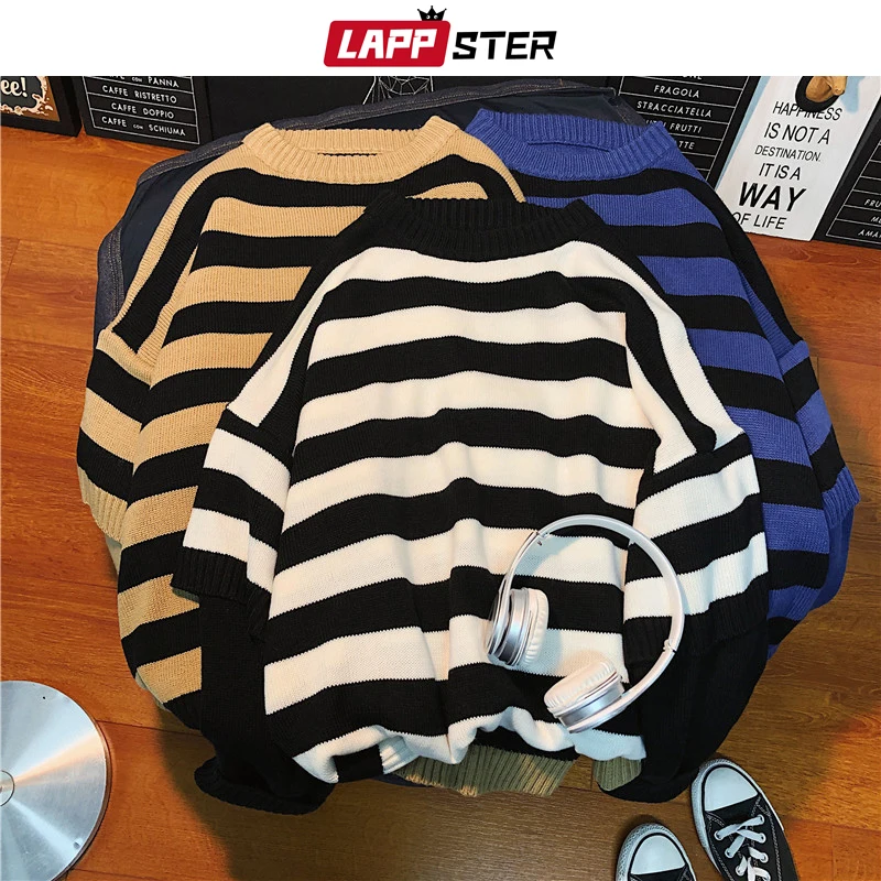 LAPPSTER Men Harajuku Oversized Sweater Fall Pullover Man Fake Two Pieces Streetwear Sweater Korean Fashion Striped Clothes