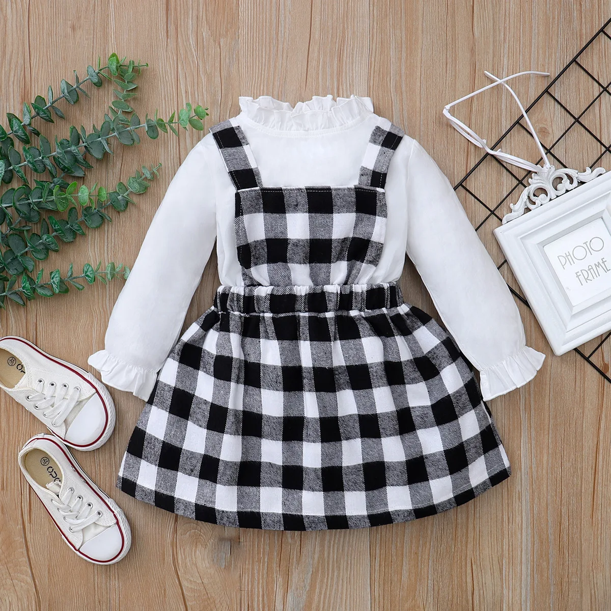 

Girls Dress Spring Clothes Set Baby Long Sleeve + Plaid Pattern Printing Ruffle Decoration Suspender Skirt Outfits