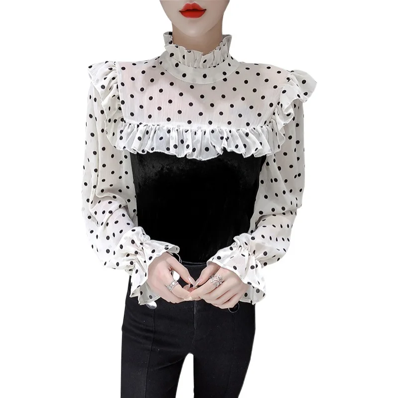

Kimutomo Women Stand Collar Fuguns Blouses French Style Spring 2021 Girls Polka Dot Velvet Patchwork Lantern Sleeve Shirts