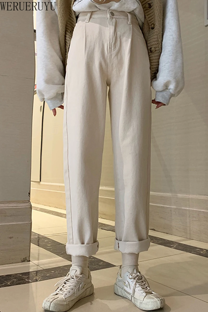 

WERUERUYU White High Waist Jeans Women Spring Jeans Woman Skinny Slim OL Office Lady Denim Pencil Pants Female Jeans Trousers
