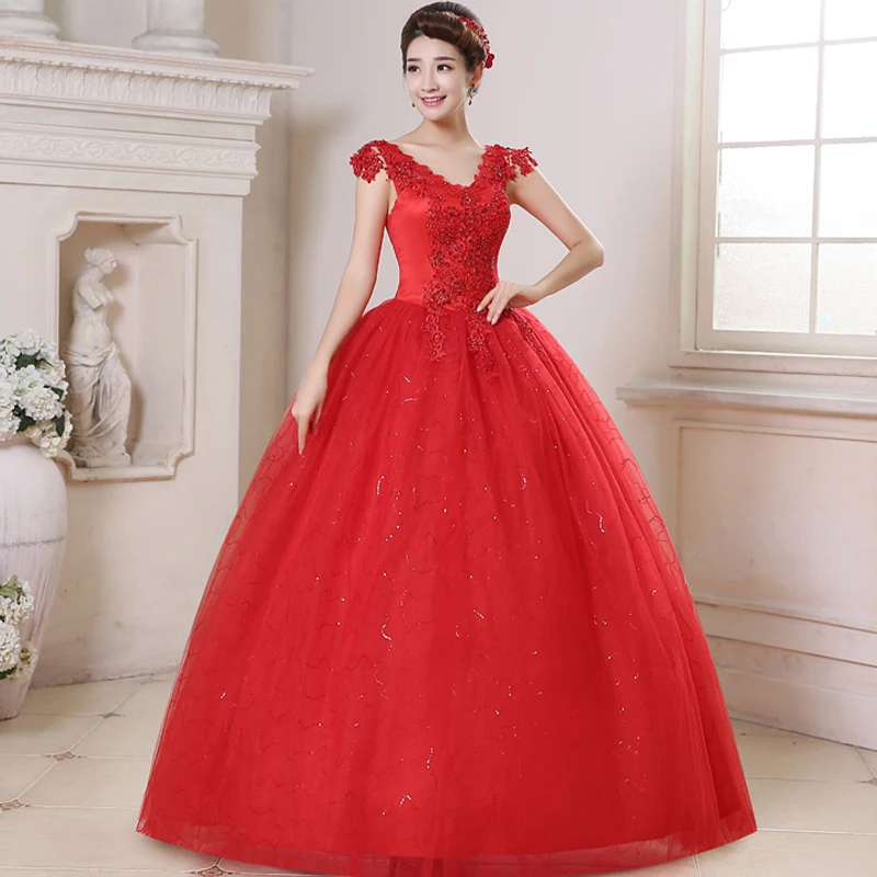 

Wedding Dresses Illusion V-Neck Sleeveless Tulle Lace Backless Sequined Embroidery Crystal Vintage Red Women Bridal Gown G510