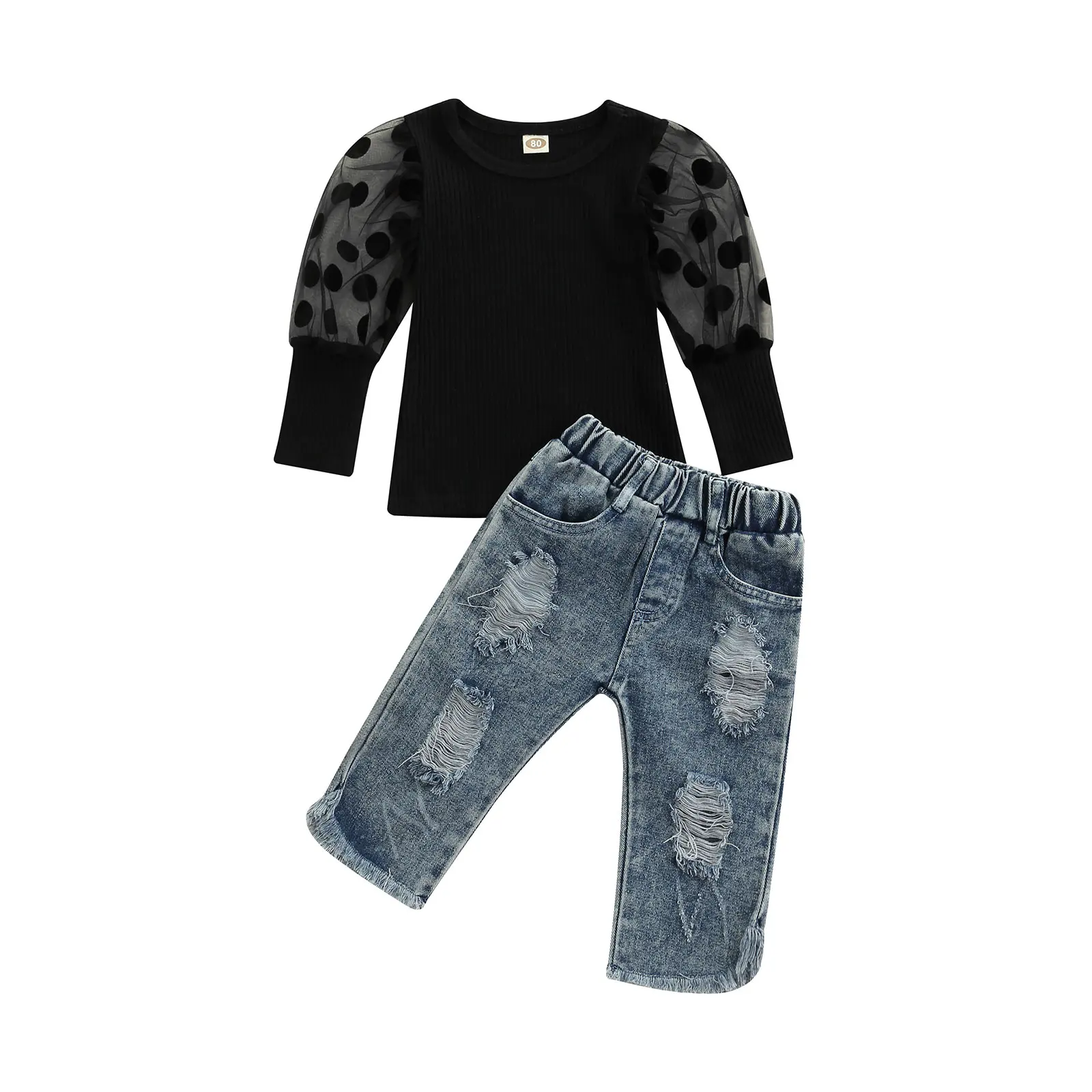 

Модный осенний комплект одежды для маленьких девочек, прозрачная сетчатая рубашка в горошек с длинными рукавами-фонариками и круглым вырезом, одежда из синих рваных джинсов