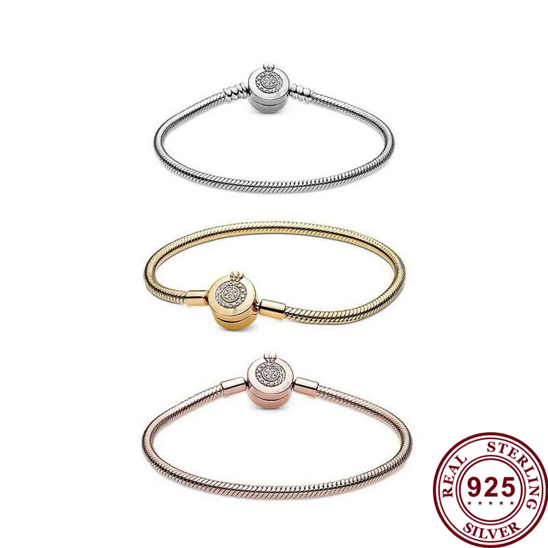 

2020 New 925 Sterling Silver Rose Gold Glittering Crown O Snake Bone Bracelet Fit European Charm Bracelets Women Jewelry