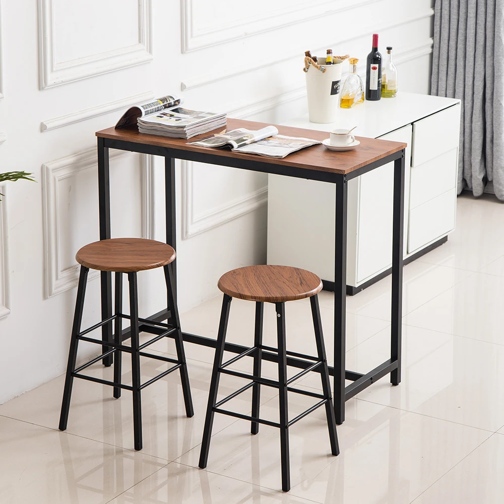 PVC Wood Grain Simple Bar Table Set Tound Bar Stool (One Table And Two Stools) 【107x47x92cm】