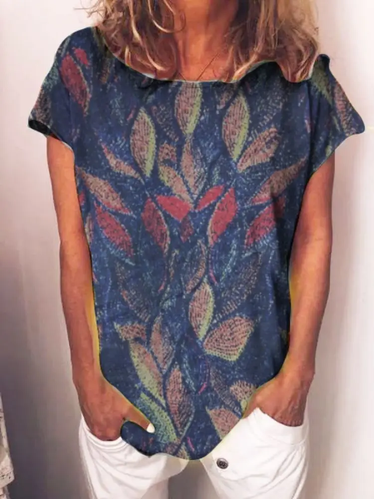 

Short-sleeved leaf vintage floral print round neck T-shirt top
