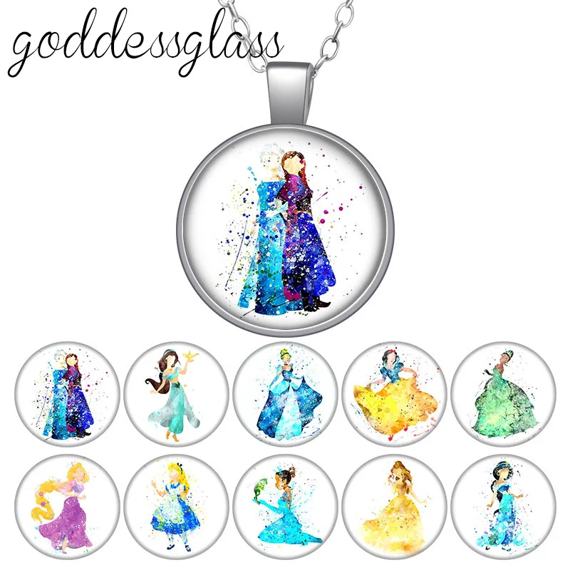 Disney Princesses Elsa Anna Belle Mikcey Round Glass glass cabochon silver plated/Crystal pendant necklace jewelry for Gift