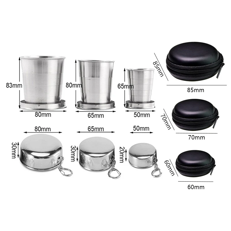 

Stainless Steel Folding Cup With Keychain Camping Folding Cup Traveling Outdoor Collapsible Cup with Lid Portable Drinkware