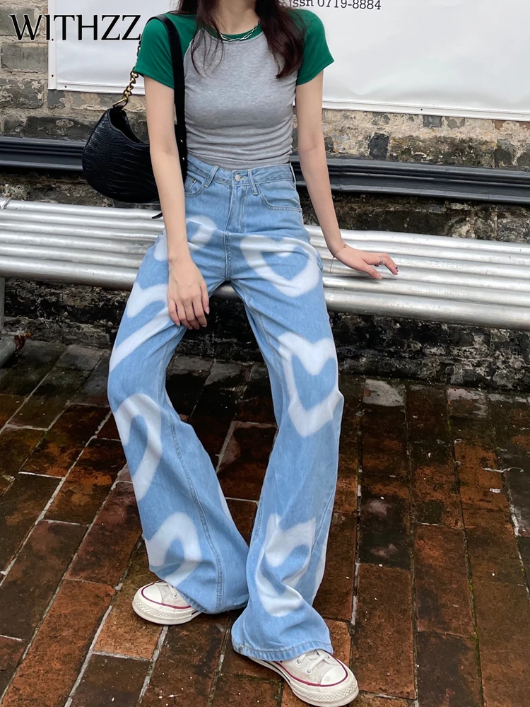 

WITHZZ Summer Women's Straight Heart-shaped Painted Denim Trousers Female Casual Loose Thin Jeans