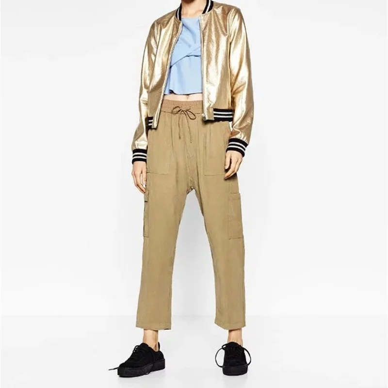 

MESTTRAF Women 2021 Fashion Artificial Leather Bomber Coat Retro Long Sleeve Pocket Decoration Casual Jacket Streetwear