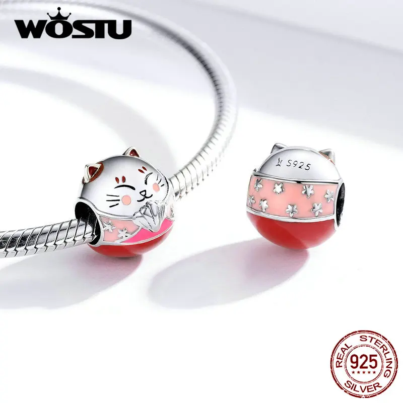 WOSTU, новая мода, 925 пробы, серебро, Фортуна, бусины кошка, розовая удача, шарм, подходит для оригинального браслета, кулон, хорошее ювелирное изделие, подарок CQC1341