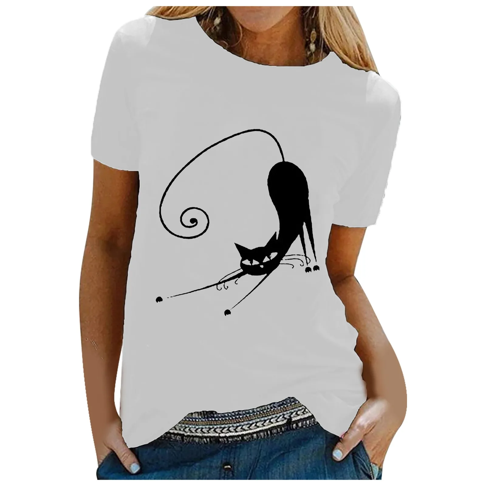 

SAGACE Women's Sexy Casual Summer Cat Cat Fun Animal Print Fashion Short Sleeve T-shirt Summer Print Short Sleeve Top