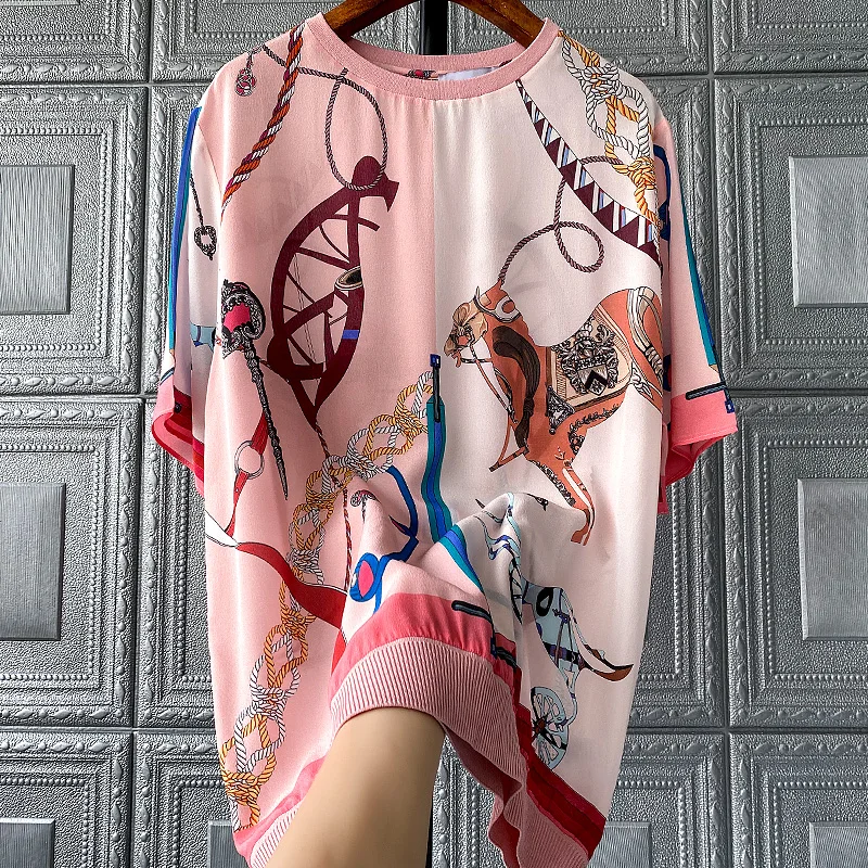 

100% silk shirt New women s short sleeve mulberry silk heavy fashion foreign style printed silk top