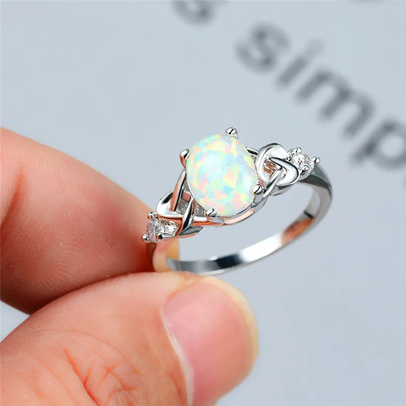 

Cute Female White Fire Opal Stone Ring Vintage Silver Color Wedding Rings For Women Promise Small Oval Engagement Ring