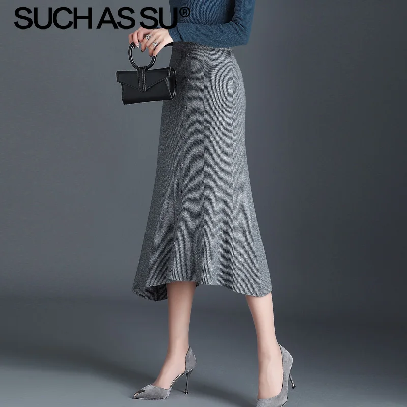 Gray Skirt Новинка, Осень-зима, вязаные асимметричные юбки для женщин,, черный, серый цвет, высокая талия, юбка с эластичными пуговицами, средняя длина, нестандартная юбка для женщин - Цвет: Gray Skirt