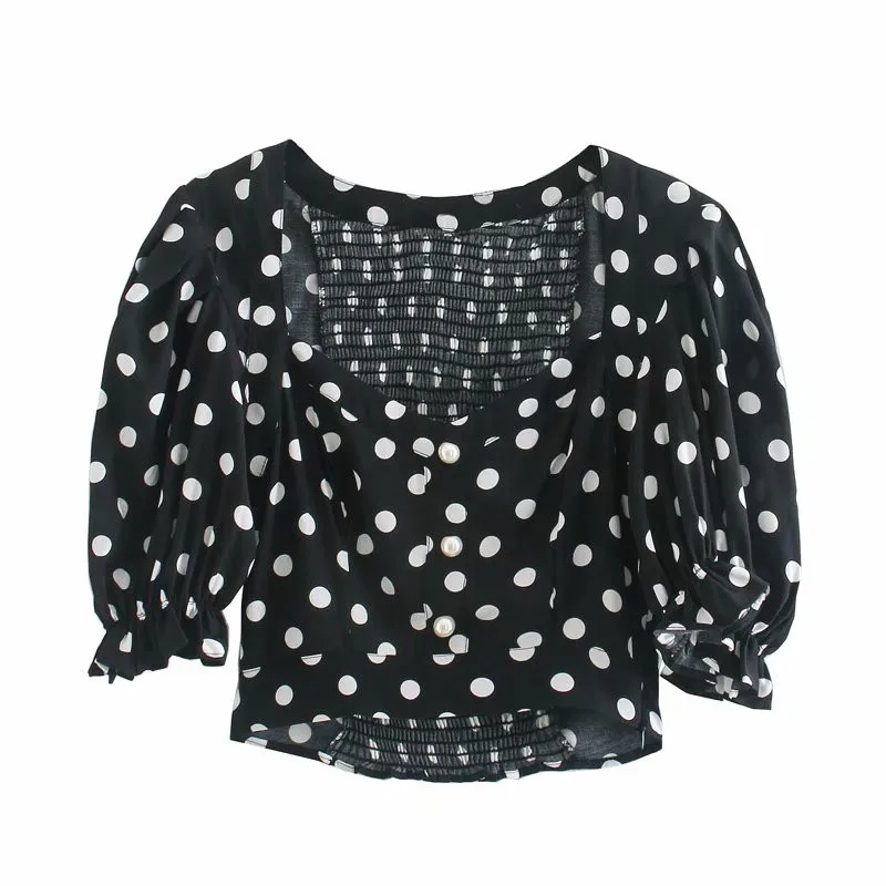 Шикарная женская модная черная короткая блузка в горошек Za Женская стильная