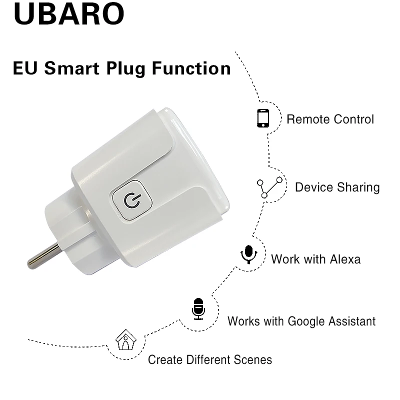 

UBARO EU Standard Tuya Smart Wifi Socket App Remote Control Support Google Home Alexa Voice Plug Power Outlet AC100-240V 16A