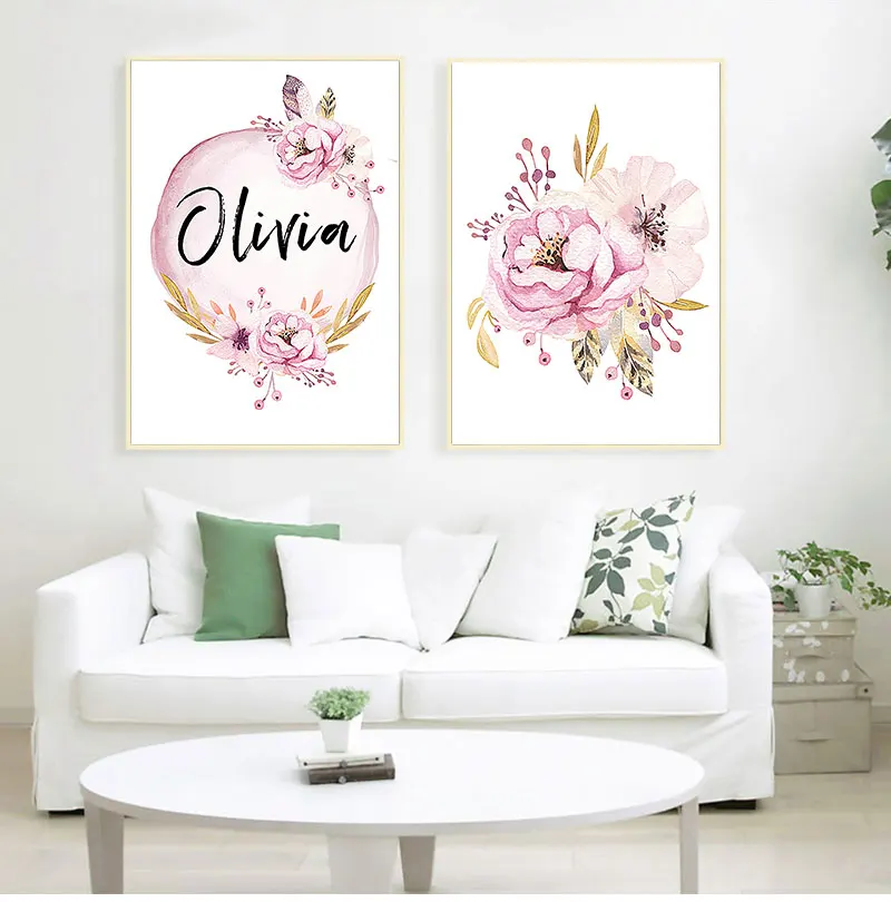 

Пользовательские девушка имя ребенка плакат пион фотографии цветы холст для живописи стены искусства принты для детской настенная живопис...