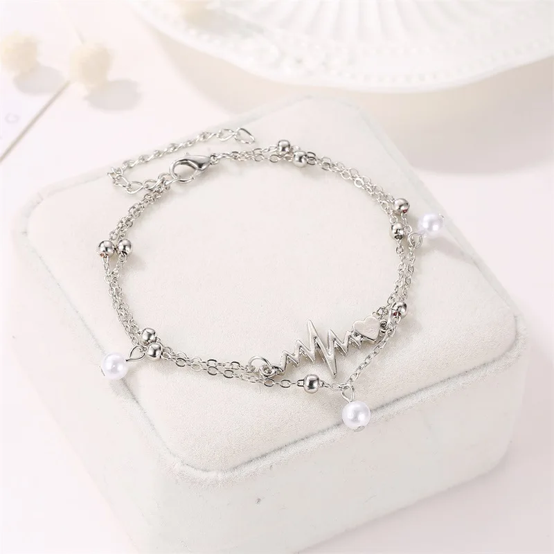 Новый Boho двойной Слои жемчужный браслет из двух частей ЭКГ личности серебряные