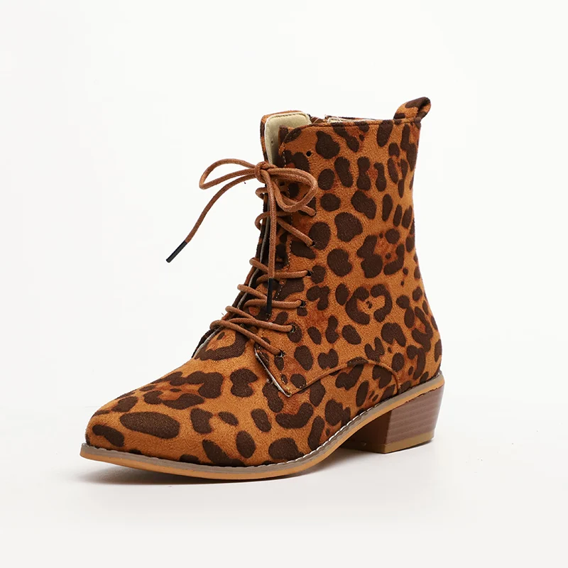 Leopard Mcckle/женские ботильоны; женская обувь леопардовой расцветки на молнии; женская обувь на шнуровке с острым носком на не сужающемся книзу массивном каблуке; Прямая поставка размера плюс - Цвет: Leopard