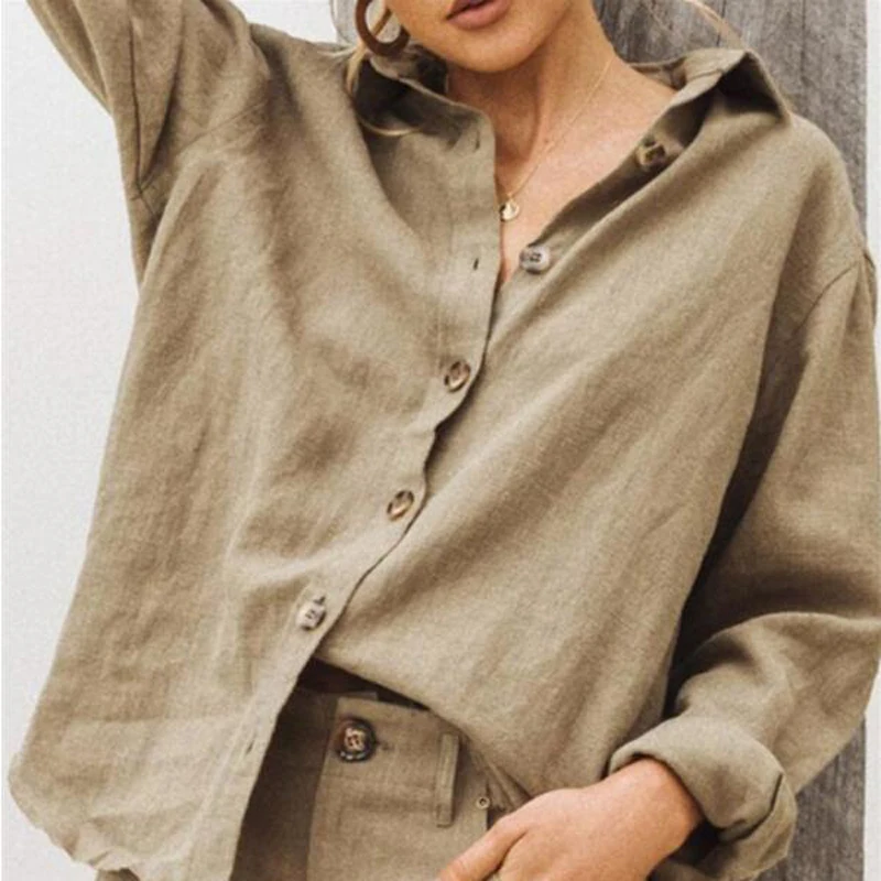 

Elegant Turn-down Collar Linen Cotton Shirt Women Long Sleeve Button Solid Blouse 2021 Spring Lady Office Loose Tops Blusa 3XL