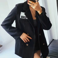 stylish women black blazer autumn spring double breasted notched collar twill fabric suit jacket female fashion outfits korean