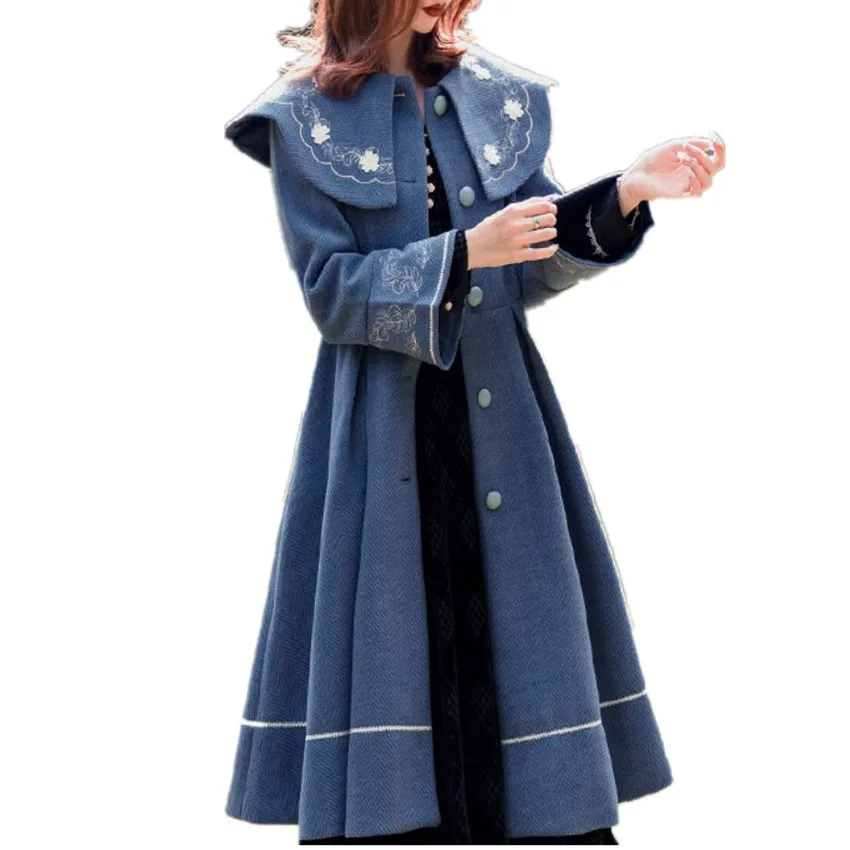 Осенне-зимнее винтажное шерстяное пальто с вышивкой женское тонкое однобортное |