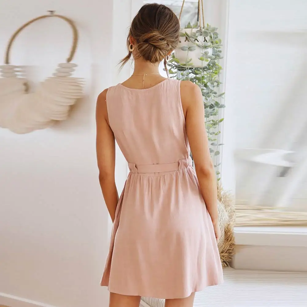 

WildPinky 2021 New Solid Color V-Neck Women Summer Cotton Sleeveless Sundress Buttons Beach Ladies White Mini Dress Vestidos