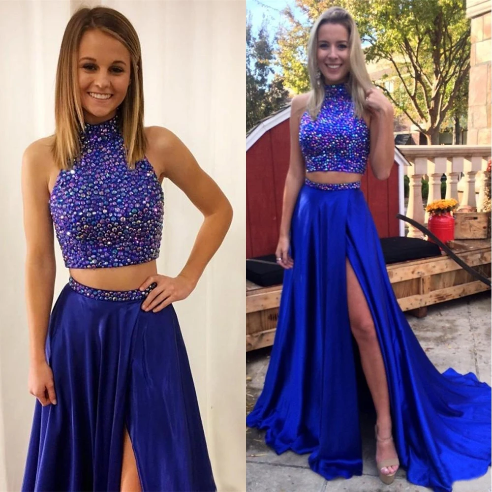 

A Line Floor-Length Custom Sexy New Prom Party Gown Sleeveless O-Neck Thigh-High Slits Two Pieces Lace Crystal Evening Dresses