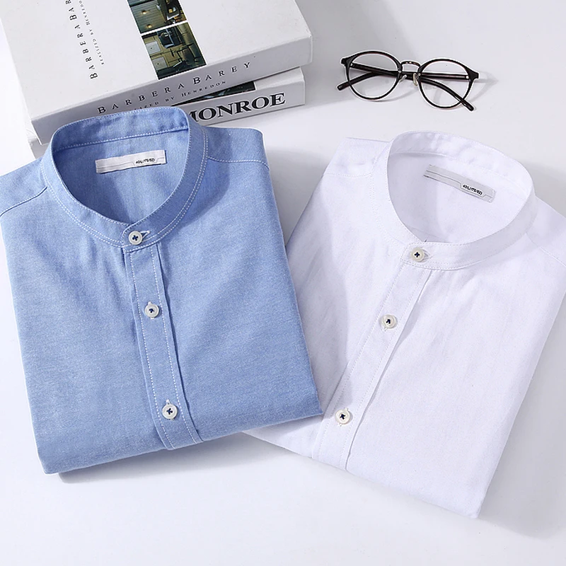 LANGMENG 2017 men plus size 5XL casual shirt mens long sleeve business shirts brand solid dress white blue Mandarin collar | Мужская